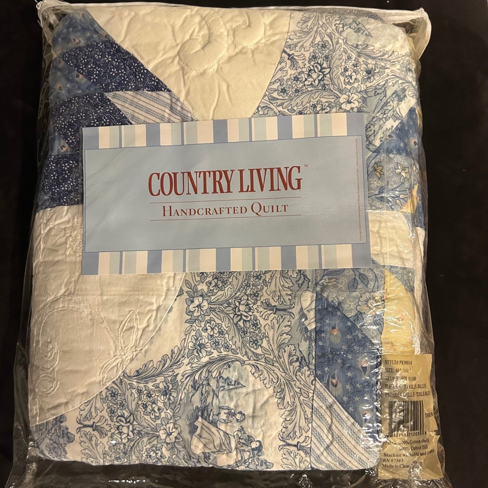 Country Living Belle Toile Handcrafted Quilt Blue Yellow Cotton Throw 60x60